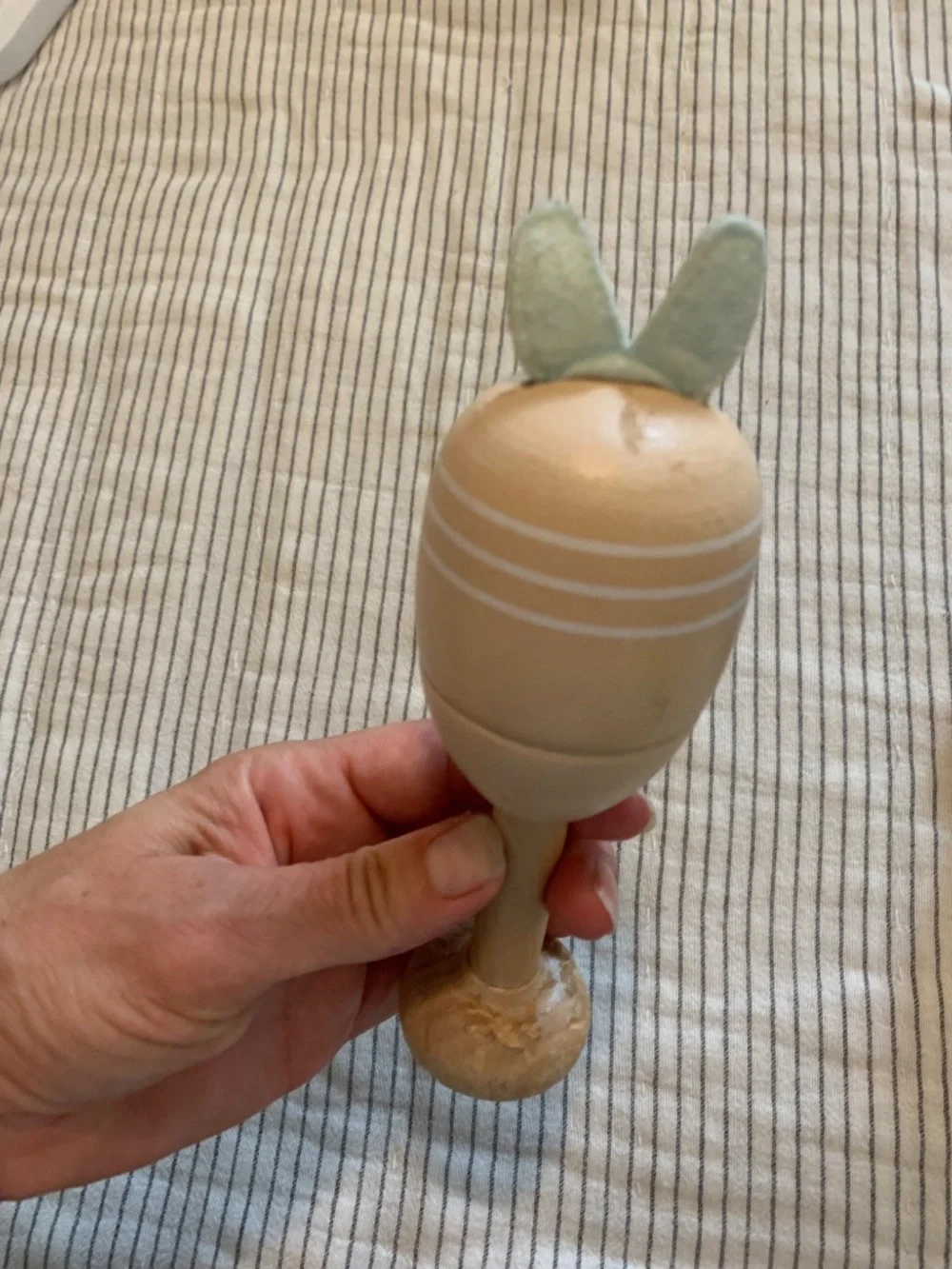 Pottery Barn Kids Bunny Maraca Wooden Baby Rattle Infant Toy Natural Wood Fabric